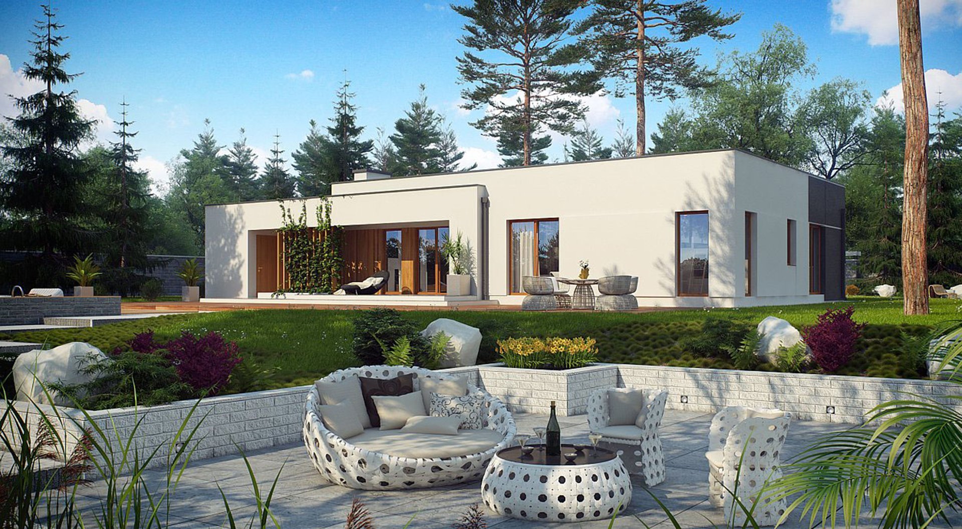 Concept single-level home with landscaped outdoor living area