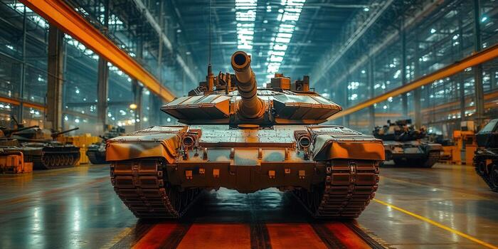 Military tank inside a large steel-framed defence manufacturing facility