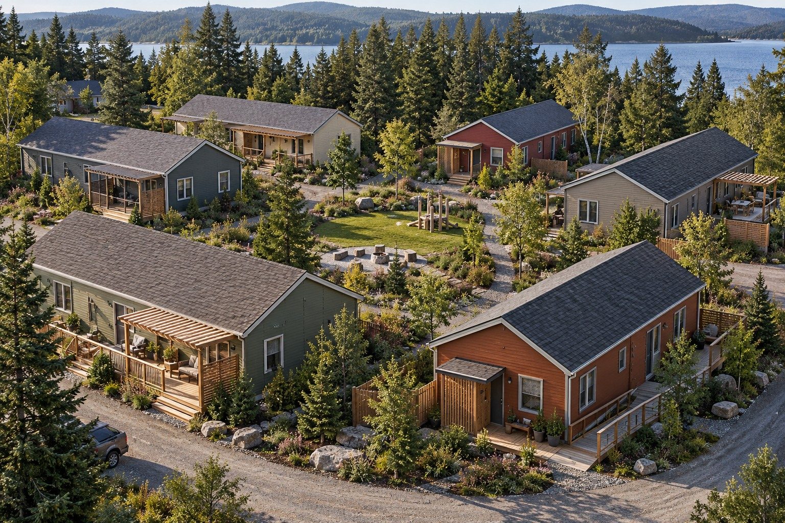 Concept aerial view of a community neighbourhood of steel-framed homes among boreal forest near a lake