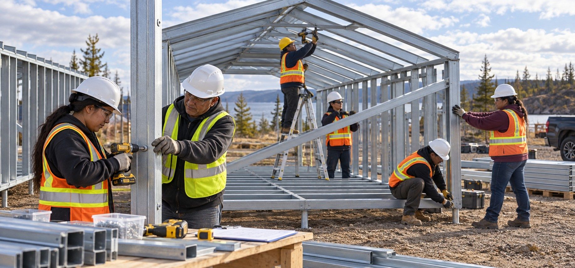 Illustration of a local crew in safety gear assembling a cold-formed steel frame