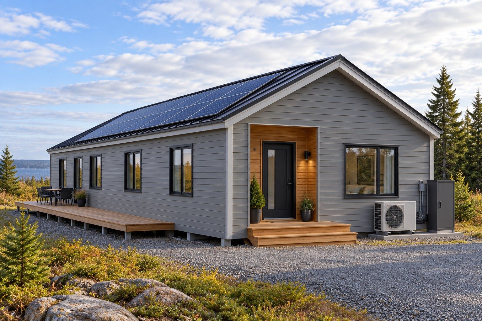 Concept home with rooftop solar panels and a cold-climate heat pump