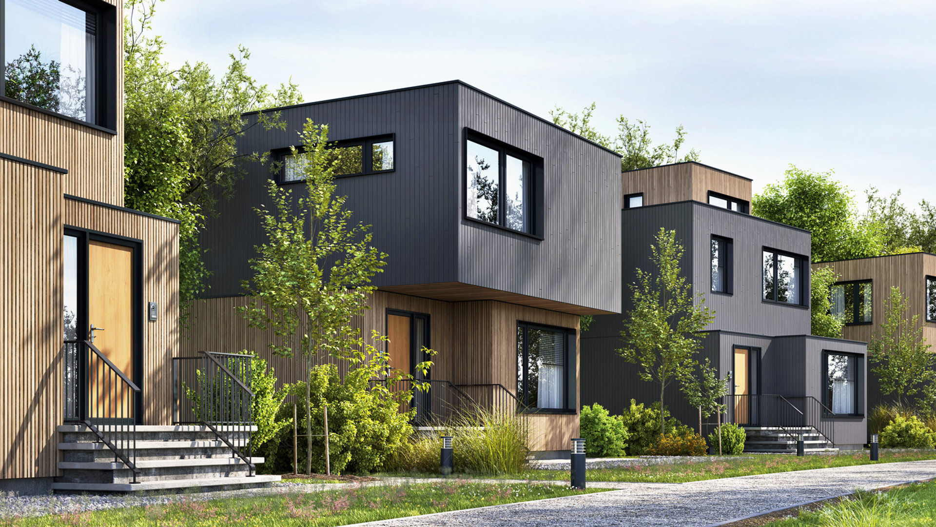 Concept two-storey family homes with wood and dark exterior finishes